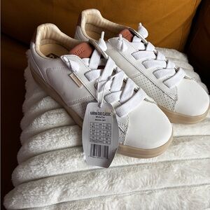 Hey Dude White and Tan Flats